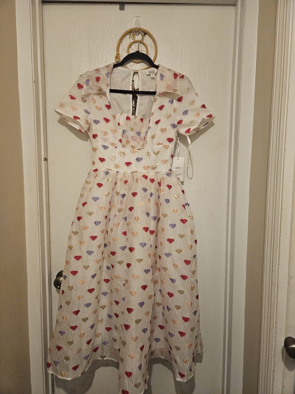 Unique Vintage, Party Dress - White with Red, Pink, Purple & Gold Hearts Size 4
